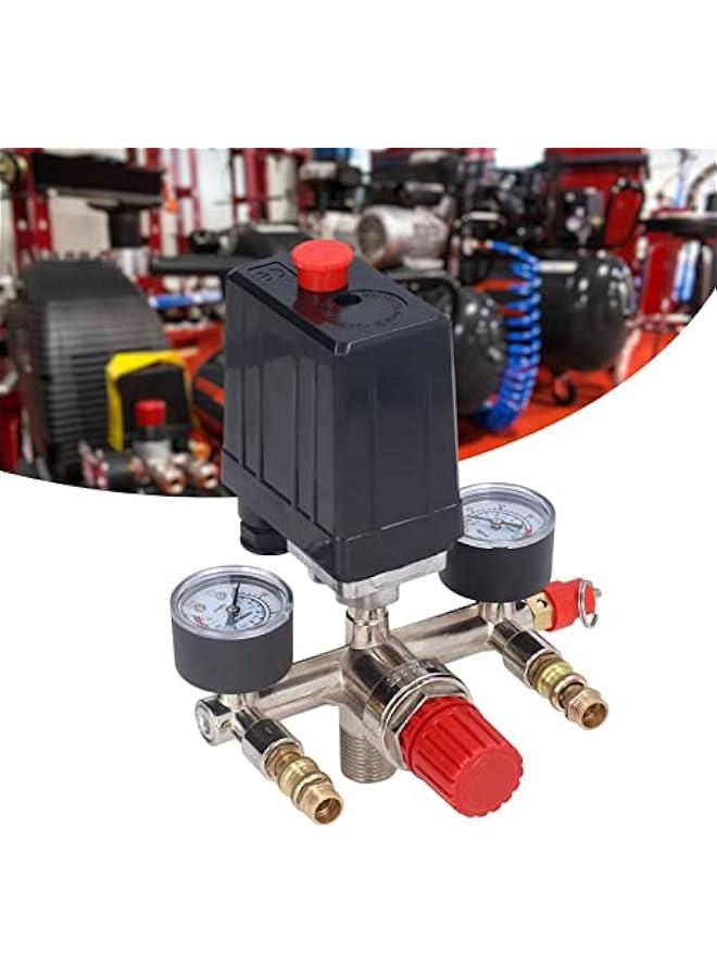 طقم صمام ضغط ضاغط الهواء، منظم مشعب بمفتاح رأسي، ضغط قابل للتعديل 90-120 رطل/بوصة مربعة، صمام تحكم بمفتاح ضغط مع مقاييس منظم ضغط ومجموعة تجهيزات صمام - Image 3